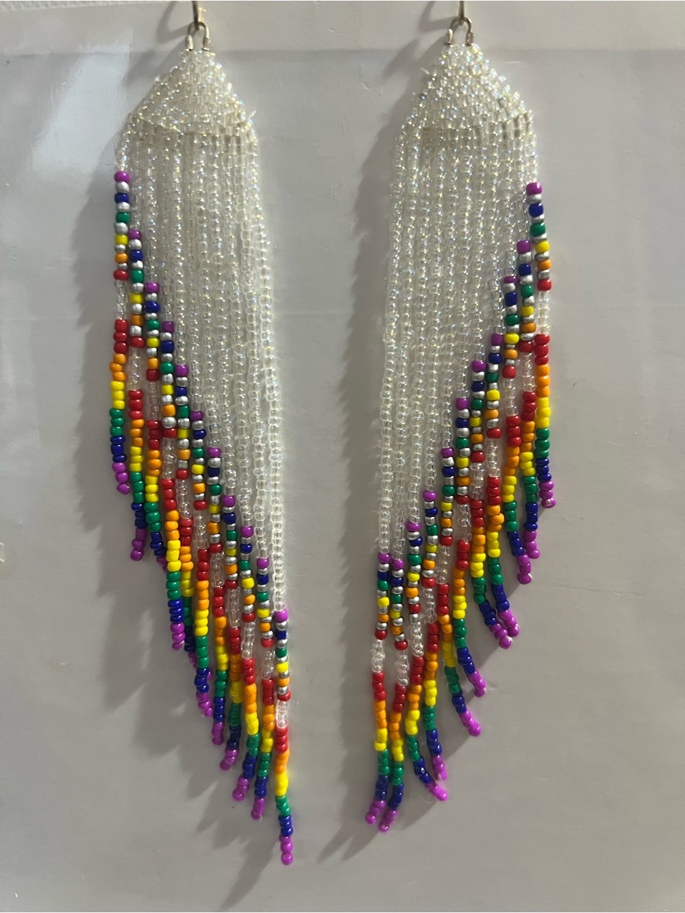 Handmade White Seed Bead Fringe Earrings with Multicolor Accents